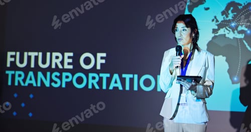 Preview: Business woman, tablet and presentation for seminar for sustainability in transportation industry w