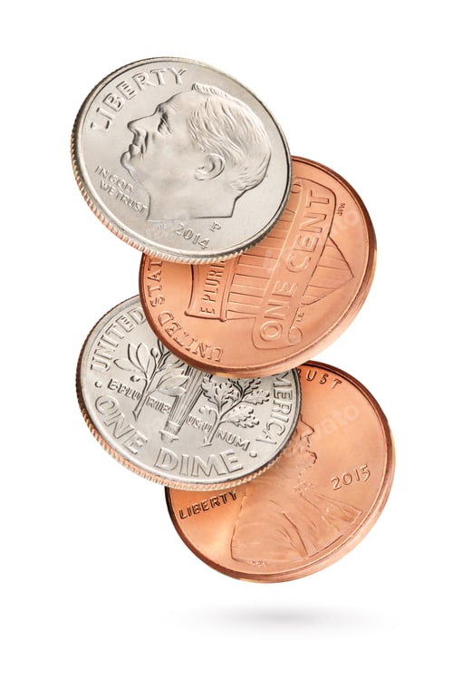 Preview: Flying coin stack with US cents isolated in white