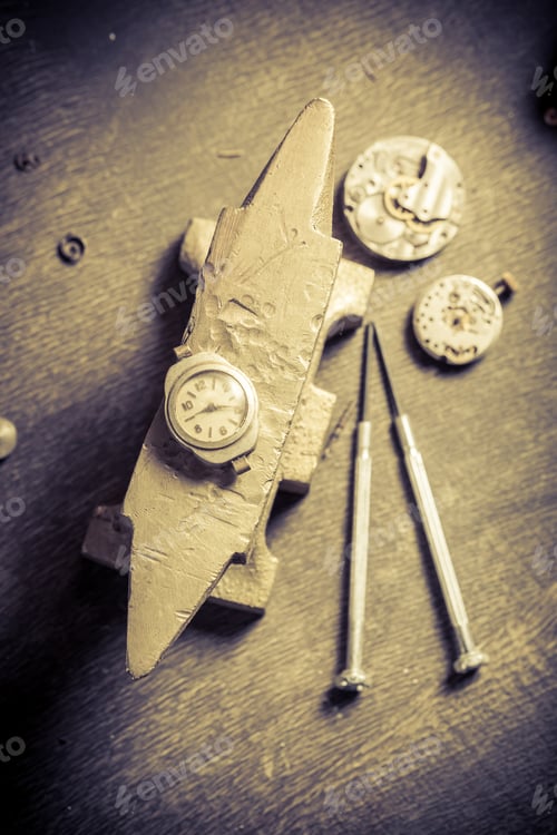 Preview: Vintage watchmaker's room with clocks to repair