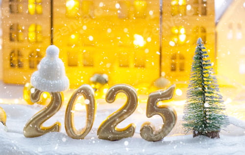 Preview: Golden figures number 2025 against the background of cozy windows of a house with warm light with fe