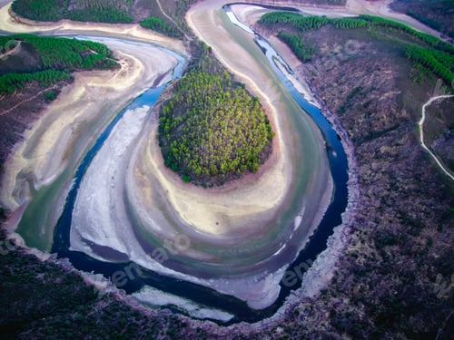 Preview: Aerial view of the river in Melero meander in Las Hurdes, Extremadura, Spain