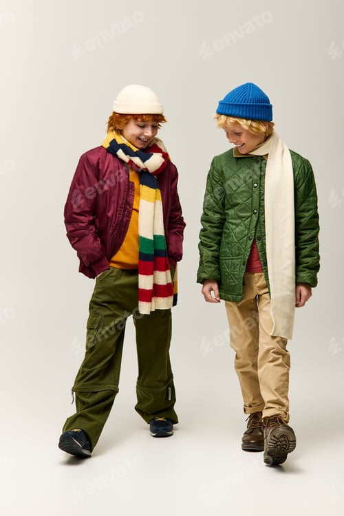 Preview: Stylish childhood friends exploring joy in fashionable winter outfits