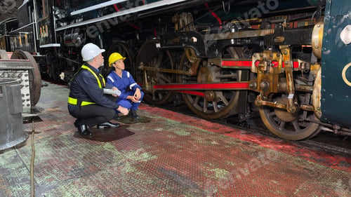 Preview: Industry engineer team worker teaching help friend operate control heavy machine in factory