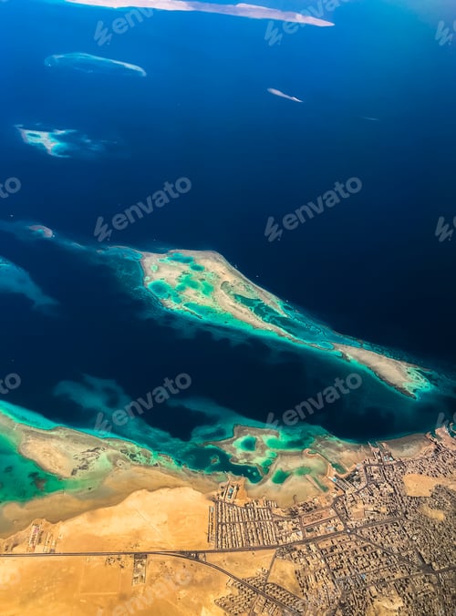 Preview: Aerial top view from airplane coastline Egyptian Desert islands. Red sea
