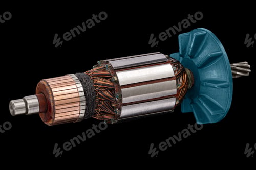 Preview: Rotor or of anchor electric motor closeup, isolated on black background