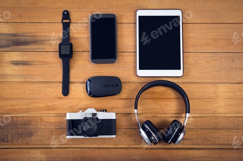 Preview: Overhead view of technologies on table