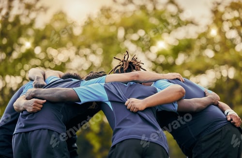 Preview: Team, men and huddle in sports for support, motivation or goals for coordination outdoors. Sport gr