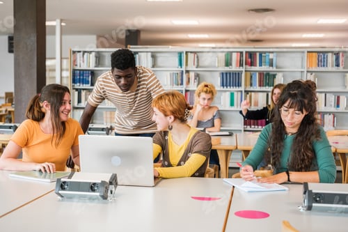 Preview: Group of students from different countries studying together in the university library