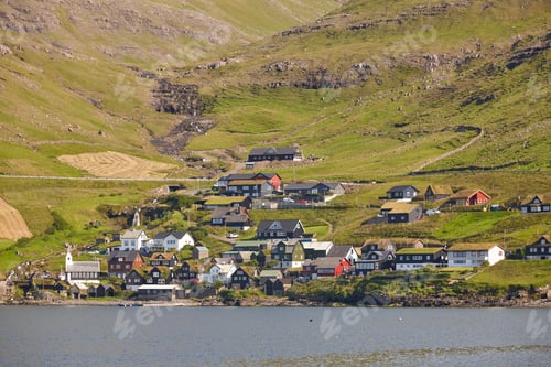 Preview: Faroe islands coastline village of Bour. Vagar island landscape