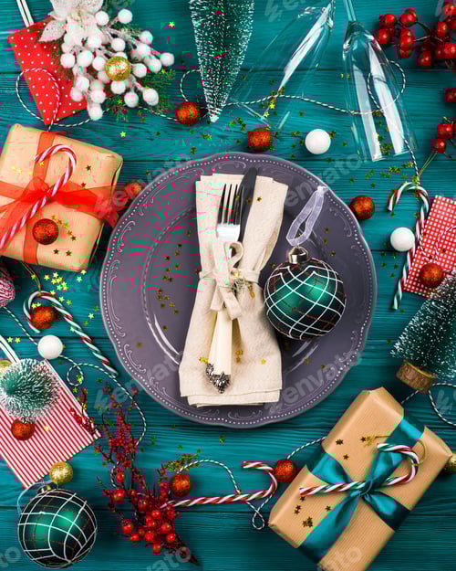 Preview: Christmas dark green background with tableware