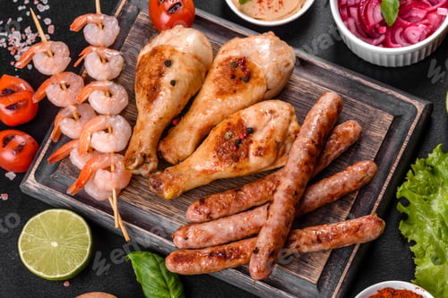 Preview: Composition of sausages, chicken, pork and shrimp prepared on grill