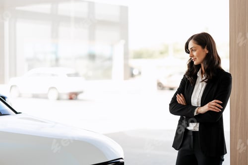 Preview: Saleswoman standing with arms crossed near new car in auto showroom