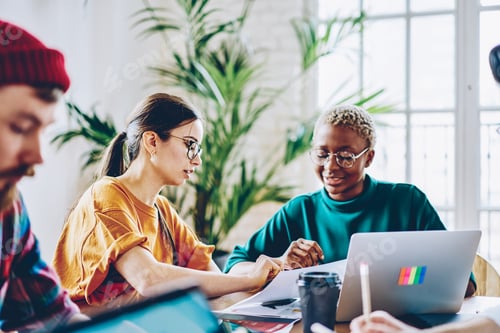 Preview: Diverse students communicate during together studying indoors