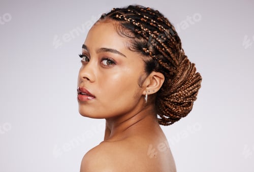 Preview: Beauty, skin care and black woman portrait in studio for spa cosmetic, makeup and dermatology. Face