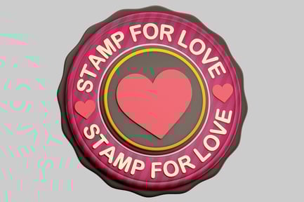 Preview: Circular object with pink, brown, and yellow colors, featuring the text "STAMP FOR LOVE"