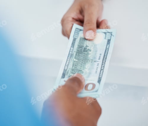 Preview: Dollar money, cash and hands bribe police man to cheat the law, finance illegal payment or allow mo