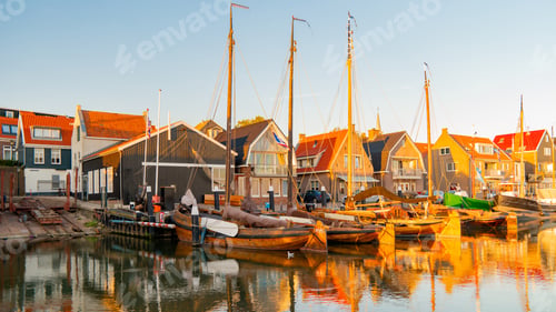 Preview: Urk Flevoland Netherlands sunset at the lighthouse and harbor of Urk Holland