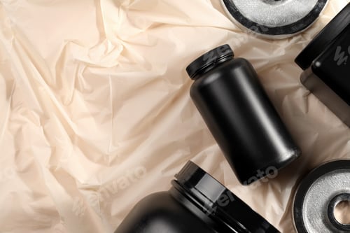 Preview: Black plastic jars and sport equipment on beige background, space for text
