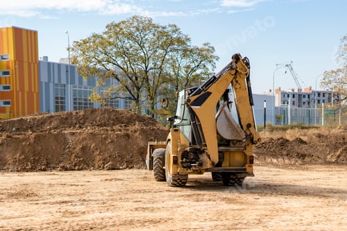 Preview: excavator bulldozer machine working to build the new apartment complex