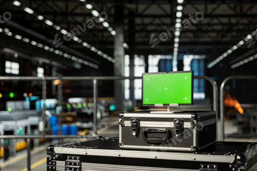 Preview: Mockup screen on tablet in empty factory interior with metal beams
