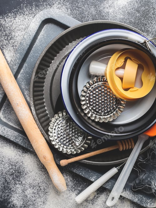 Preview: Baking tools and accessories. Christmas dark background