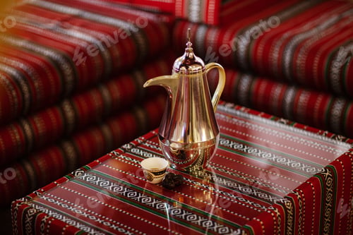 Preview: Traditional Arabic tea set and dried dates. Ramadan Kareem