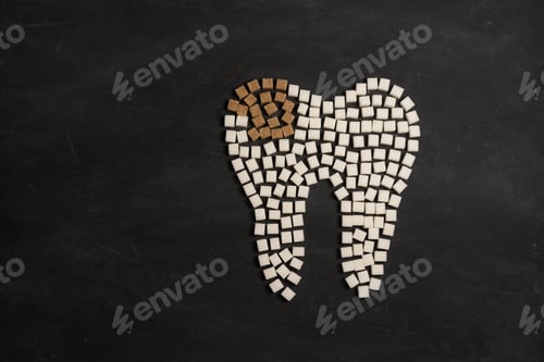 Preview: Sugar destroy tooth enamel leads tooth decay Sugar cubes form tooth on black background
