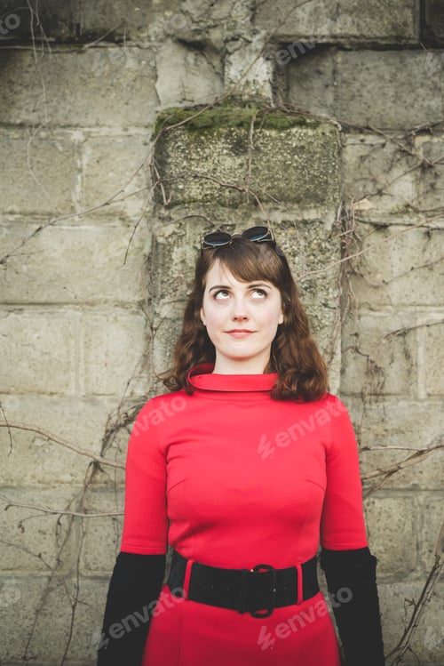 Preview: young beautiful red dressed vintage hipster woman