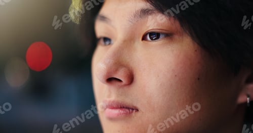 Preview: Japanese man, thinking and bokeh with space, ideas and vision in city at night as university studen