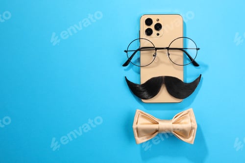 Preview: Flat lay composition with artificial moustache and glasses on light blue background, space for text