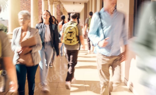 Preview: University, campus and busy students walking to class for learning, studying and education. College