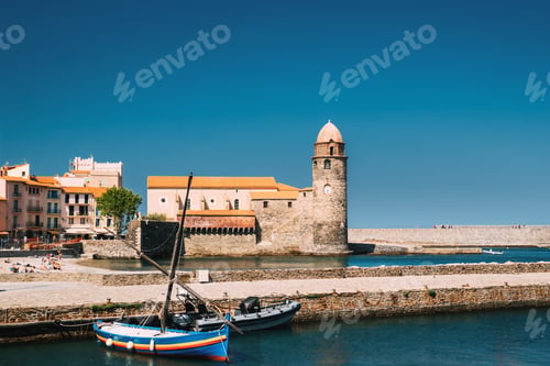 Preview: Collioure, France. Boats Moored On Berth Near The Church Of Our