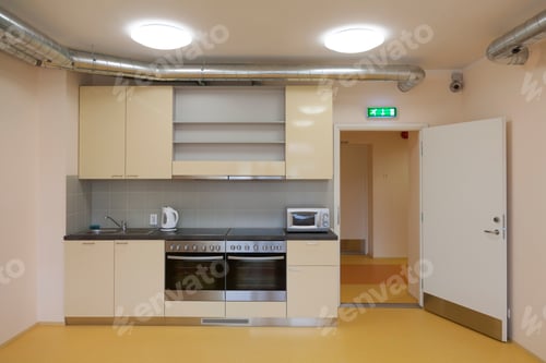 Preview: Modern youth hostel building. Kitchen with two ovens,kettle and toaster.