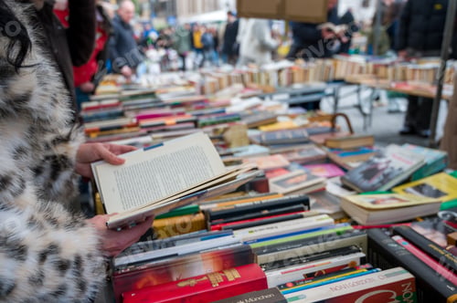Preview: woman choosing books in a flea market