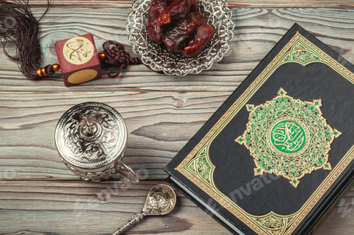 Preview: Table top decoration Ramadan Kareem holiday background of dates with rosary & The holy book of