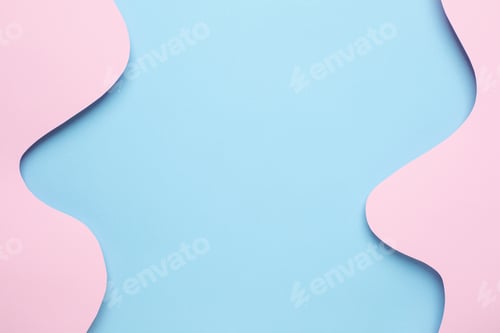Preview: Abstract paper cut pink blue waves art on light blue background, pastel colors with copyspace