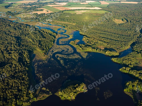 Preview: Aerial view, curves of river landscape. Sunrise.