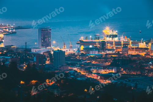 Preview: Batumi, Adjara, Georgia. Aerial View Of Urban Cityscape At Evening Or Night. Port Management