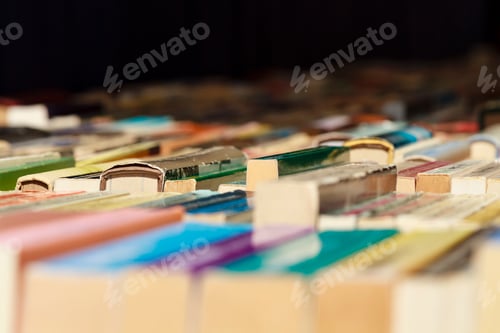 Preview: Used second hand books for sale on a book market stall in perspective bright colors on a table.
