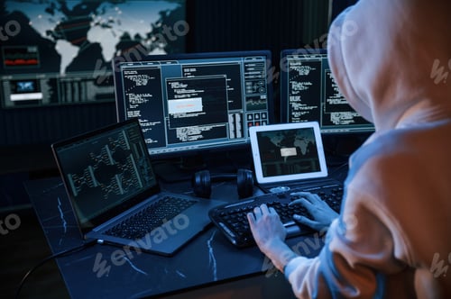 Preview: Young professional female hacker is indoors by computer with lot of information on displays