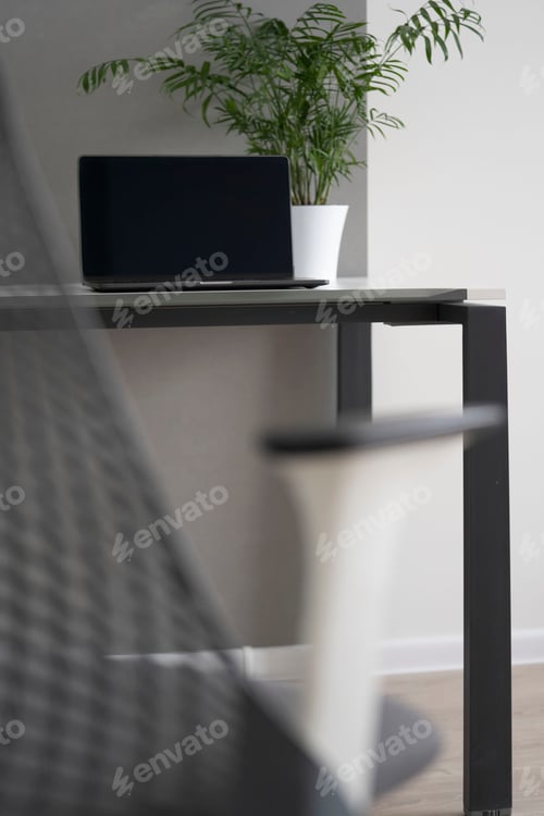 Preview: Comfortable office work space with desk, chair, computer display and green pot on a table. Green