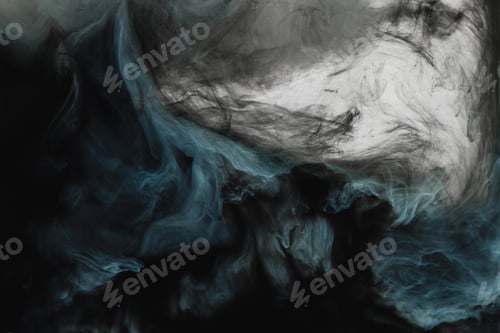 Preview: full frame image of mixing of light gray, turquoise and black paints splashes in water isolated on