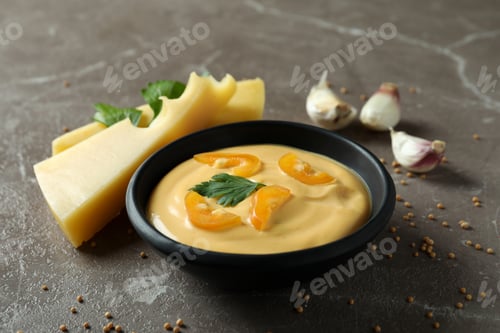 Preview: Bowl of cheese sauce and ingredients on gray textured table