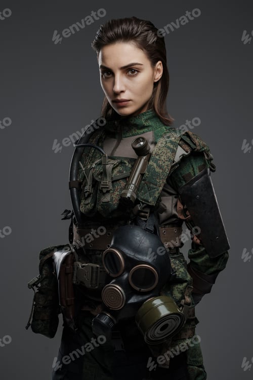 Preview: Confident female soldier in military attire posing against a gray backdrop