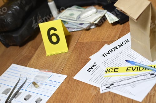 Preview: Evidence Chain of Custody Labels and brown paper bag with fingerprints applicant card lies against
