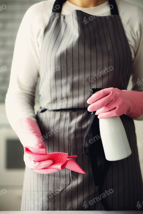 Preview: Woman in pink rubber protective gloves wiping dust and dirty. Cleaning concept, banner, copy space