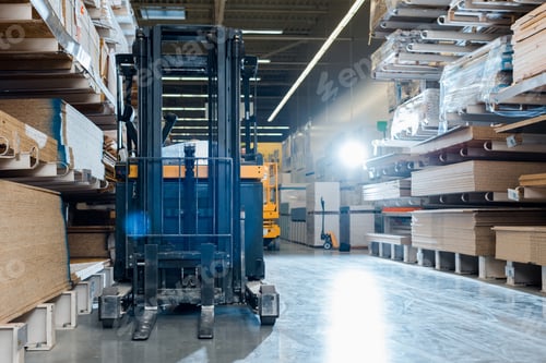 Preview: forklift machine in warehouse near shelves with wooden construction materials