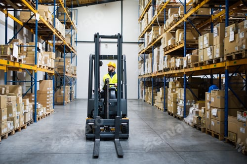 Preview: Warehouse man worker with forklift.