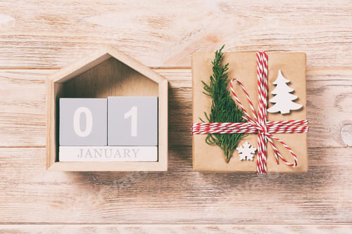 Preview: Christmas calendar 1 january. Christmas gift, fir branches on vintage