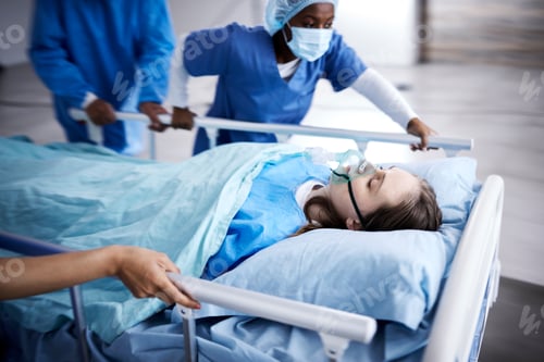 Preview: Hospital, bed and patient with doctors running in surgery, emergency and support for healthcare ser